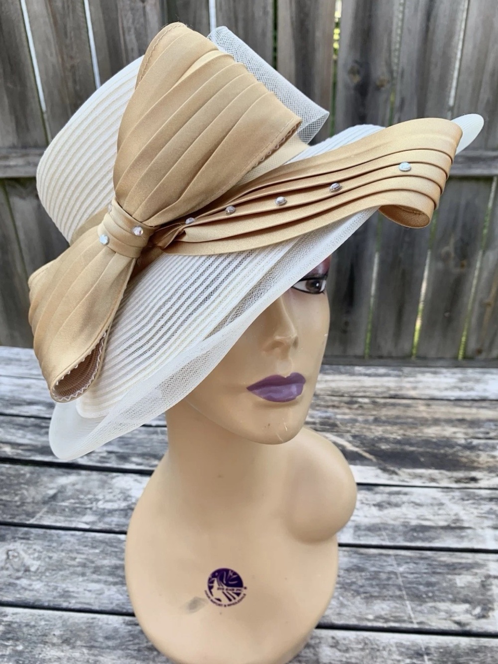 Vintage Mr Hi’s Classic Cream W/ Bow Derby Wedding Church Straw Hat Rhinestone